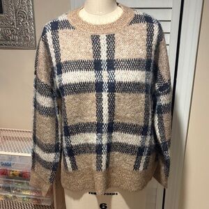 Vince Camuto Plaid Crewneck Sweater - Tan and Navy